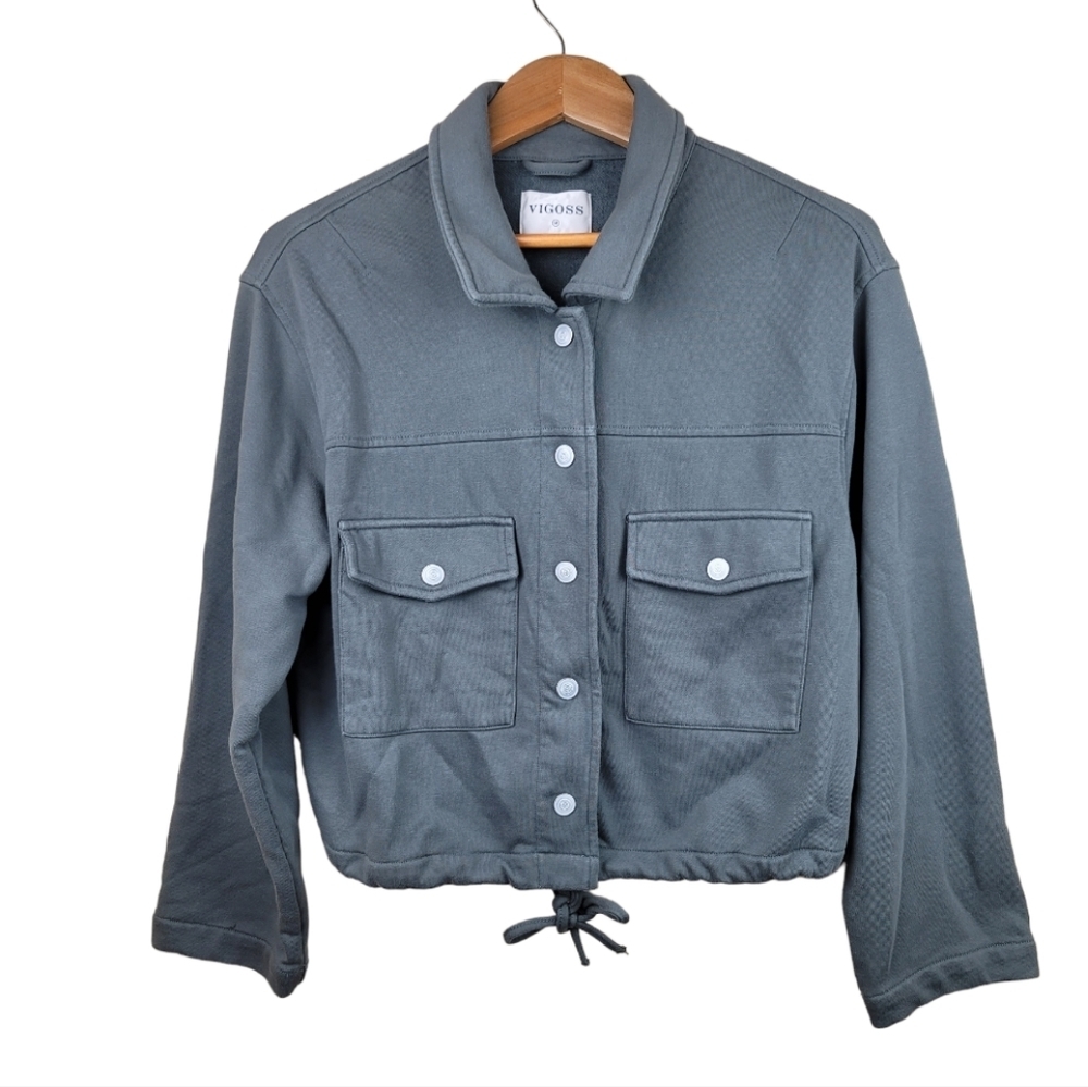 VIGOSS Drawstring Waist Double Patch Pocket Front Snap Closure Jacket